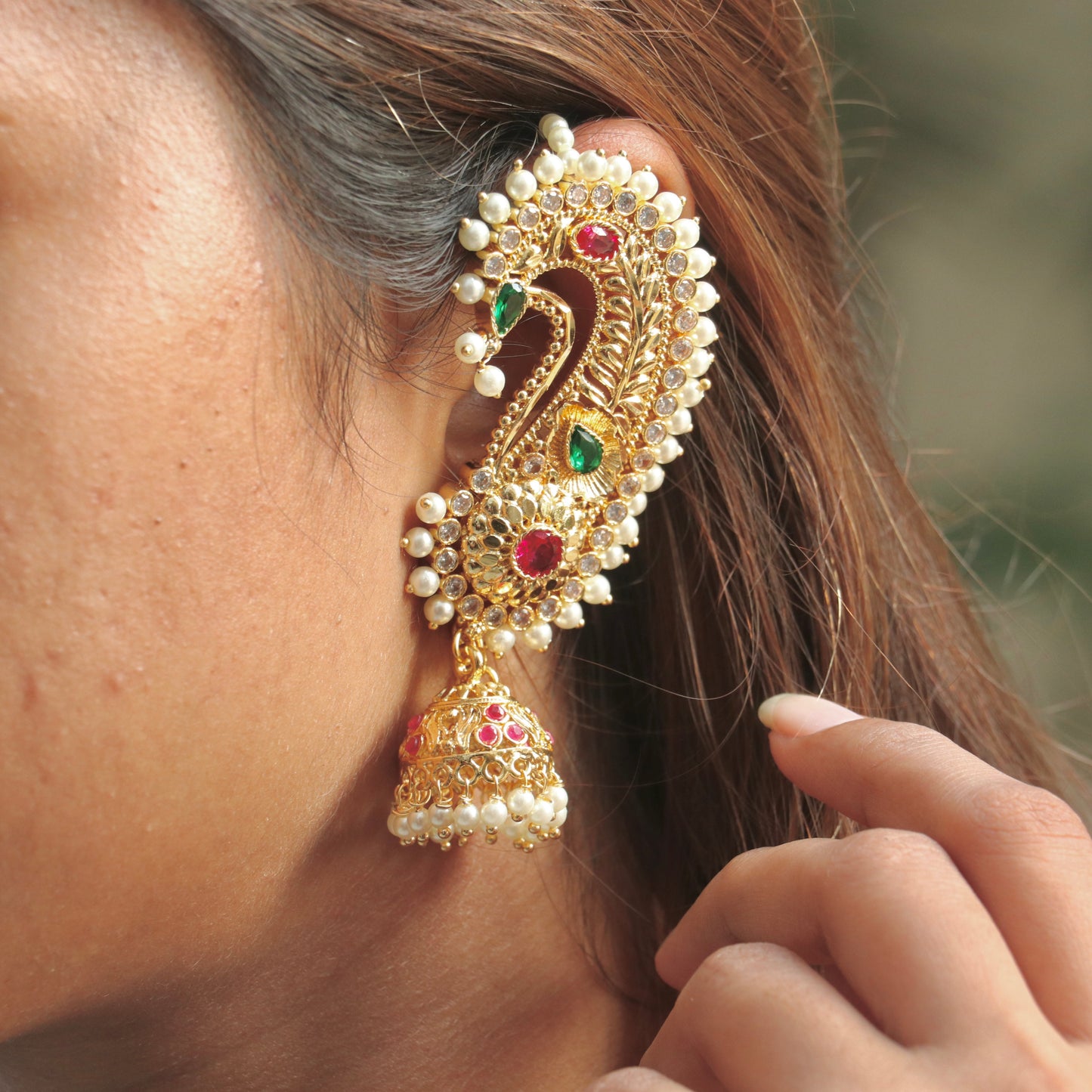 Rajni Devi Ear-Cuff Earrings With Pearl Mattal (Ear Chain)