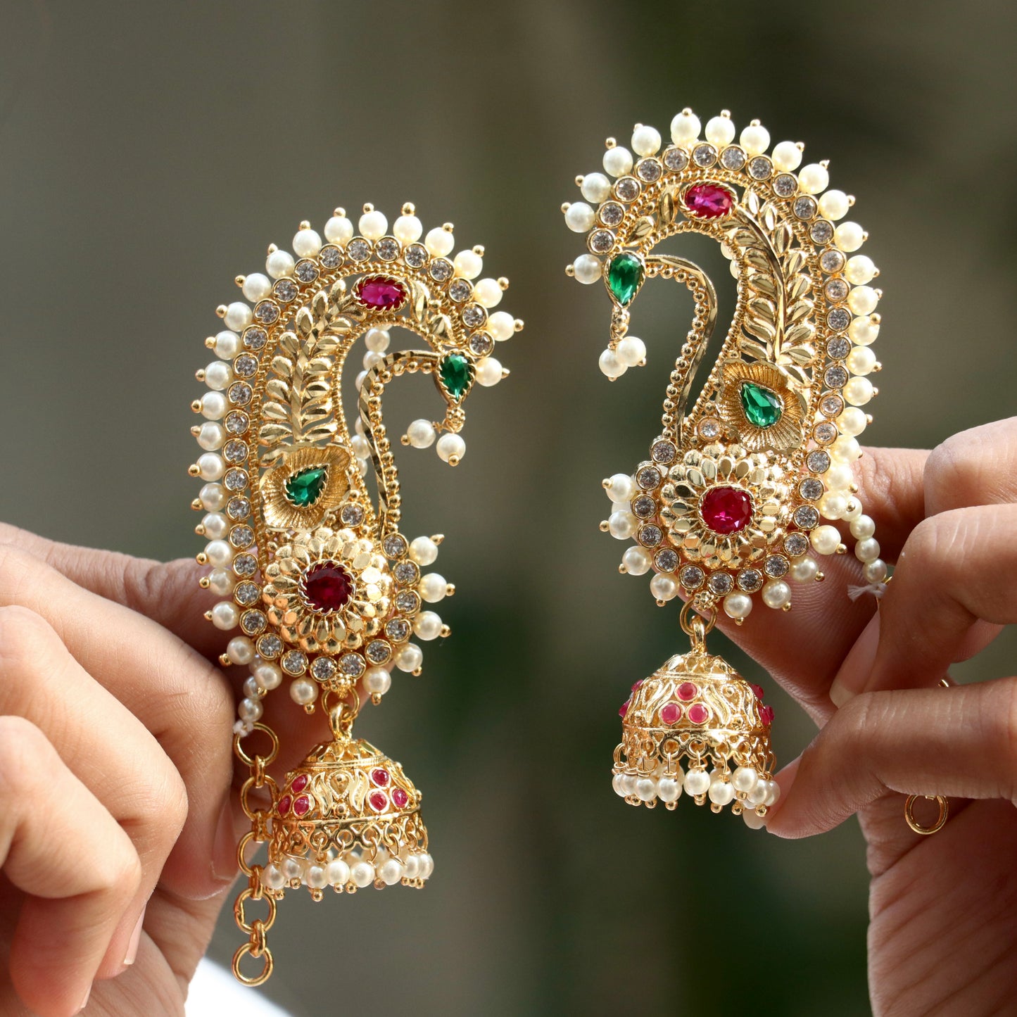 Rajni Devi Ear-Cuff Earrings With Pearl Mattal (Ear Chain)