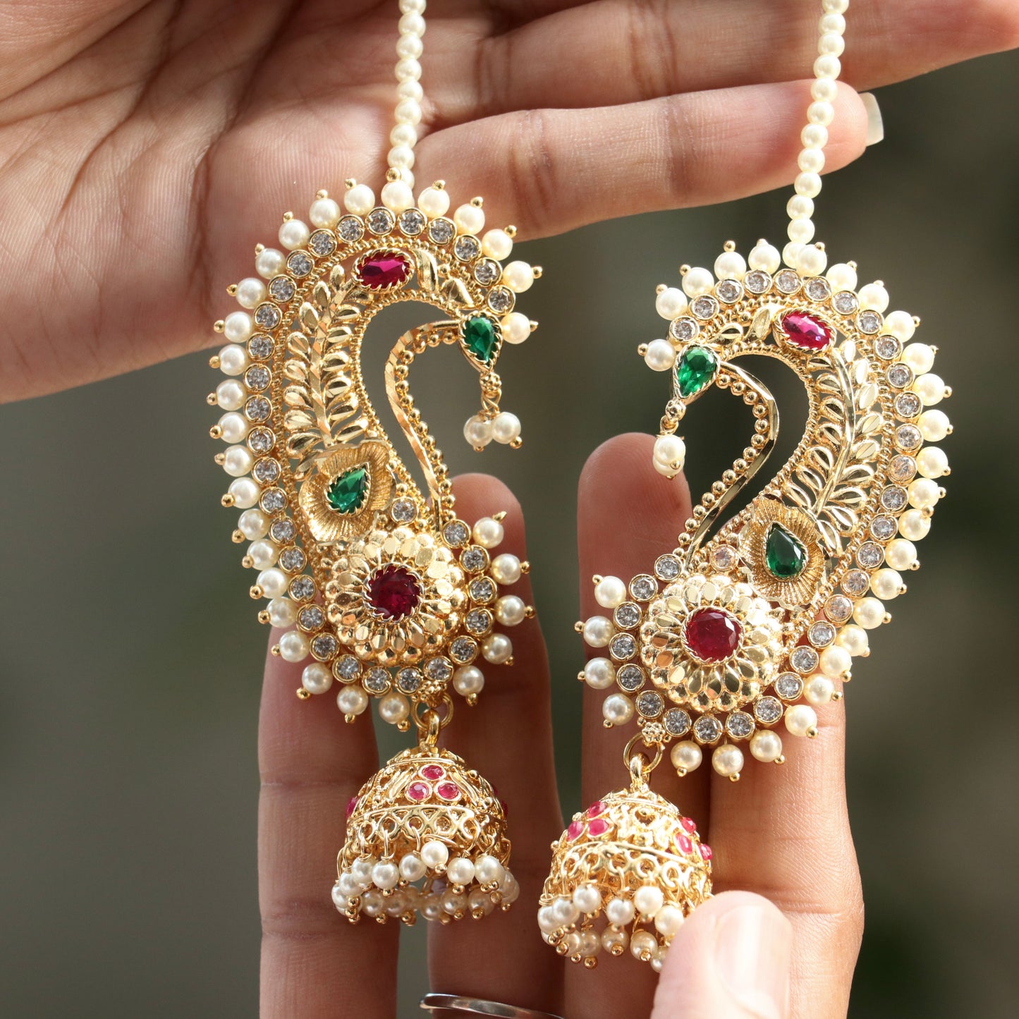 Rajni Devi Ear-Cuff Earrings With Pearl Mattal (Ear Chain)