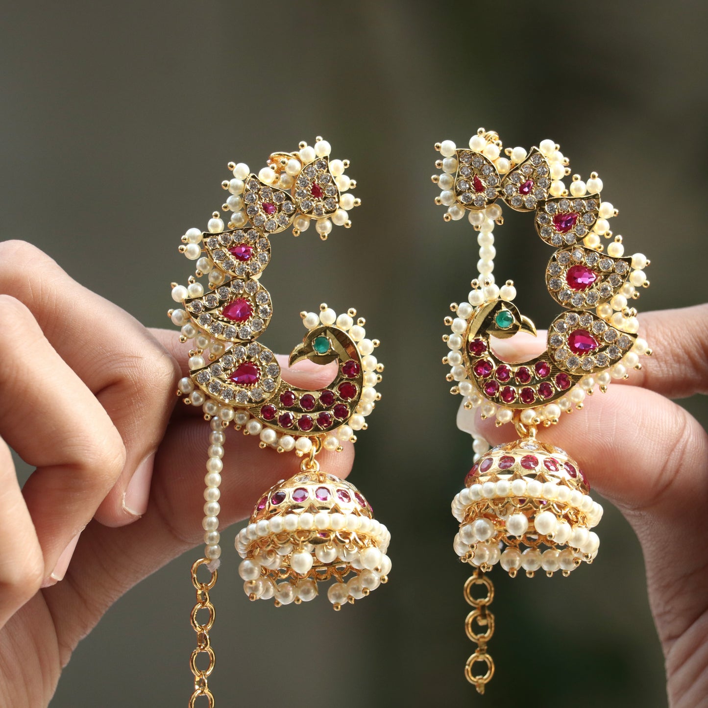 Kiran Devi Ear-Cuff Earrings With Pearl Mattal (Ear Chain)