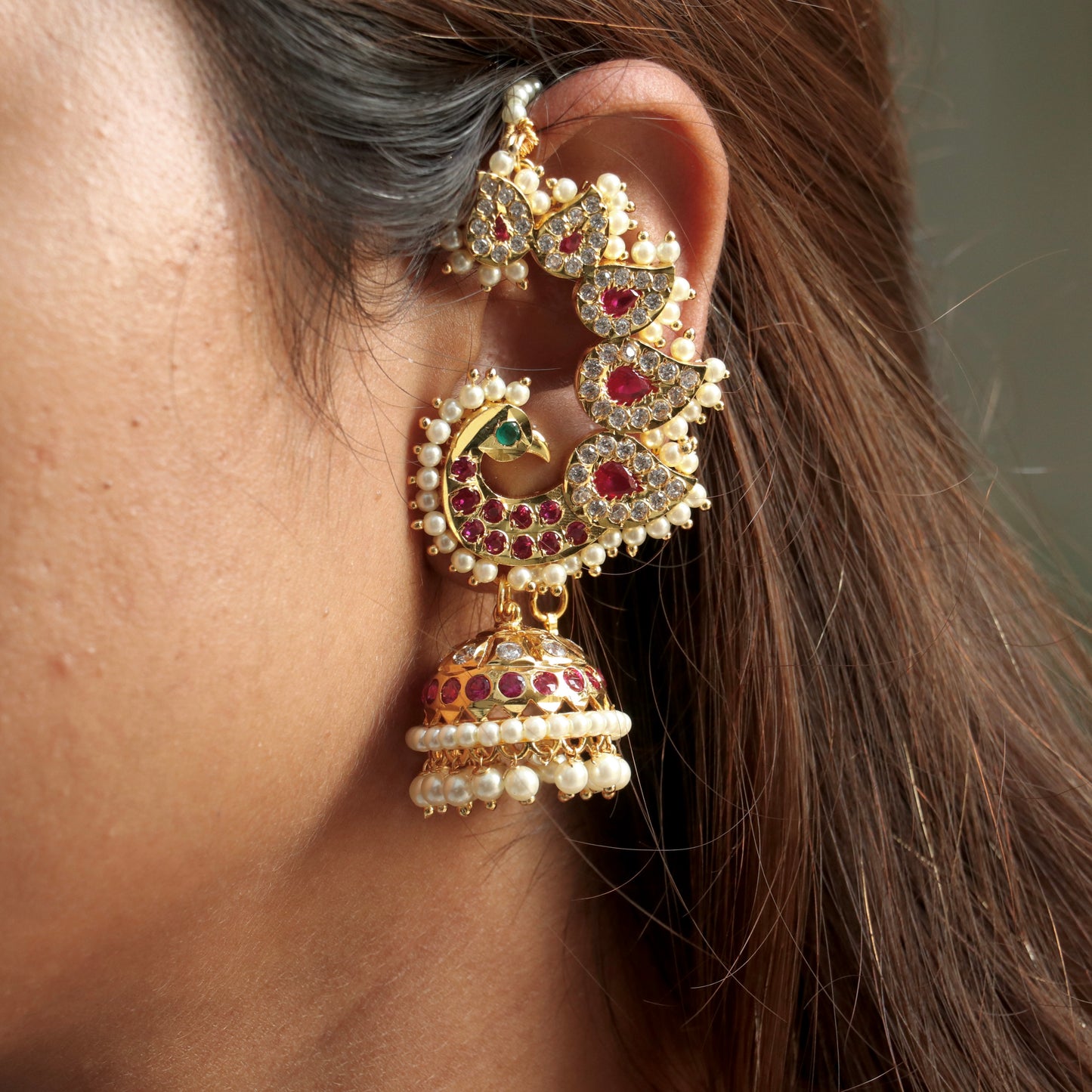 Kiran Devi Ear-Cuff Earrings With Pearl Mattal (Ear Chain)