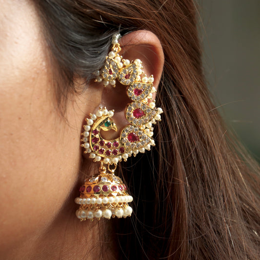 Kiran Devi Ear-Cuff Earrings With Pearl Mattal (Ear Chain)