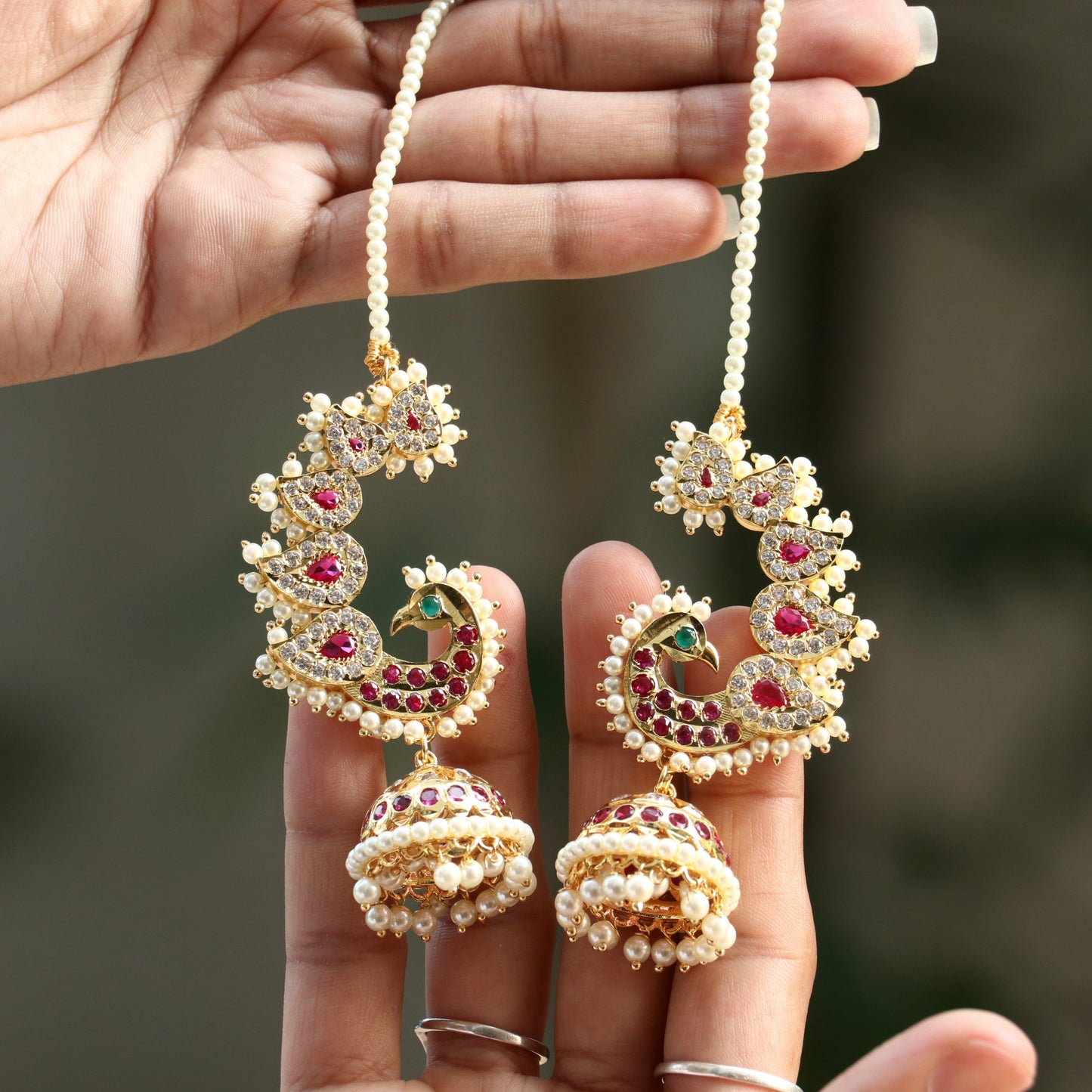 Kiran Devi Ear-Cuff Earrings With Pearl Mattal (Ear Chain)