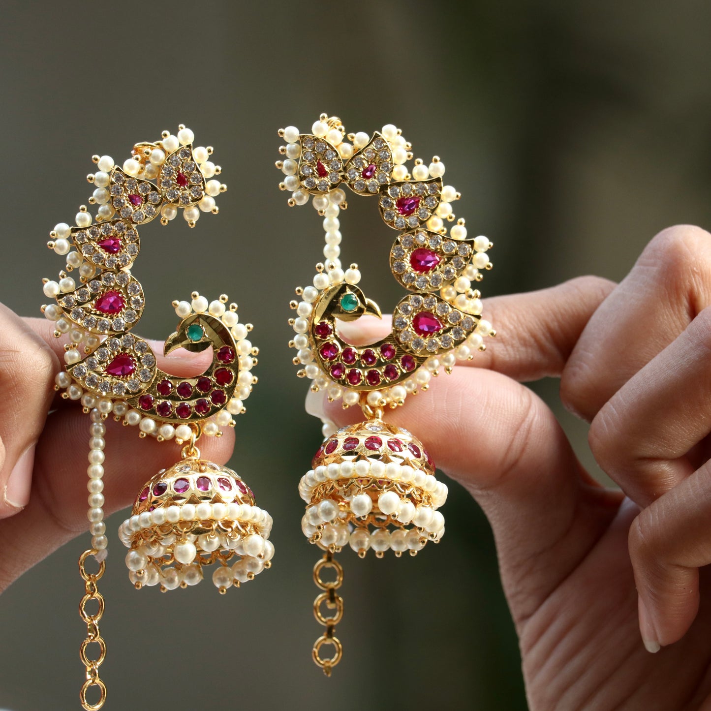 Kiran Devi Ear-Cuff Earrings With Pearl Mattal (Ear Chain)