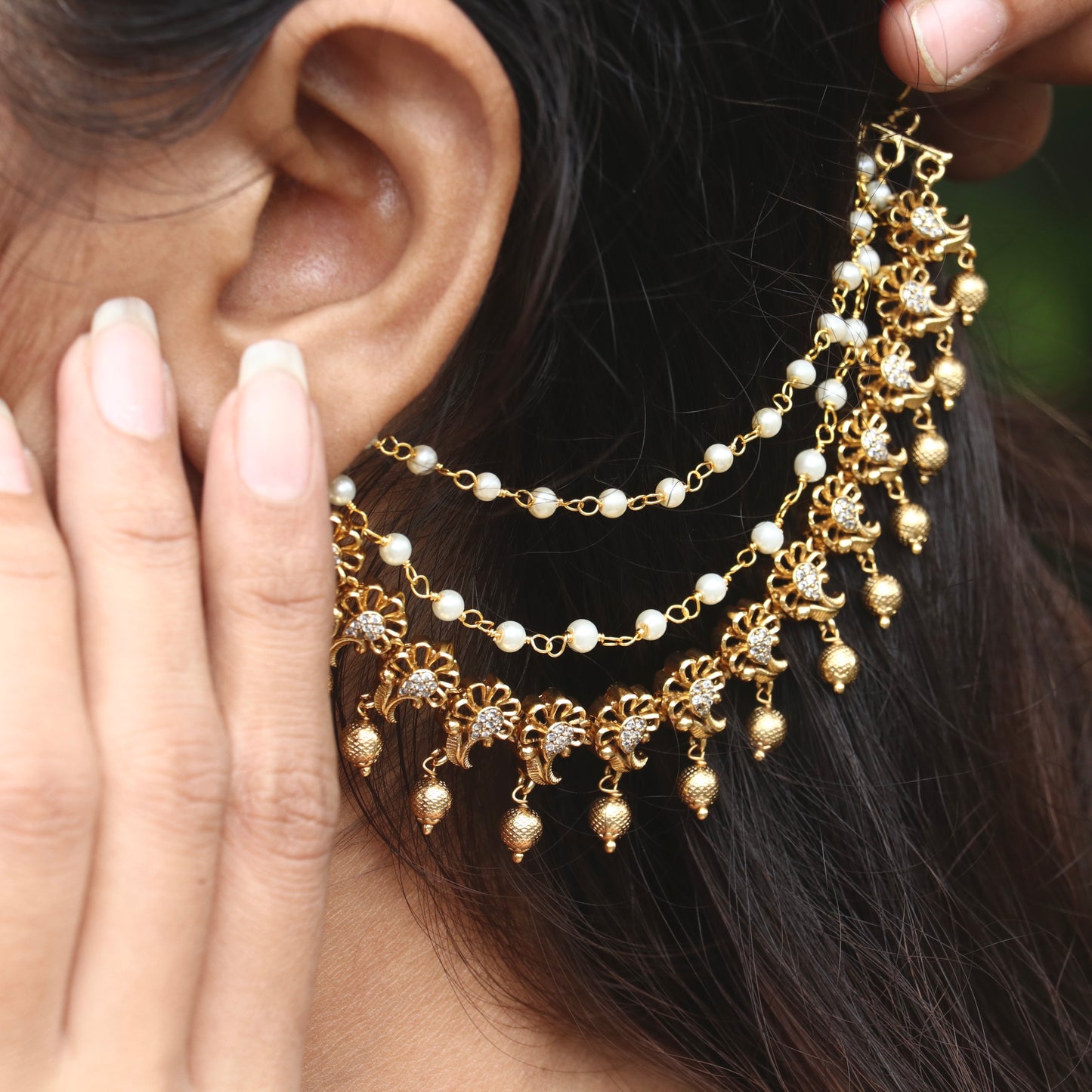 Vrinda Pearl Hanging Gold Ear-Chain