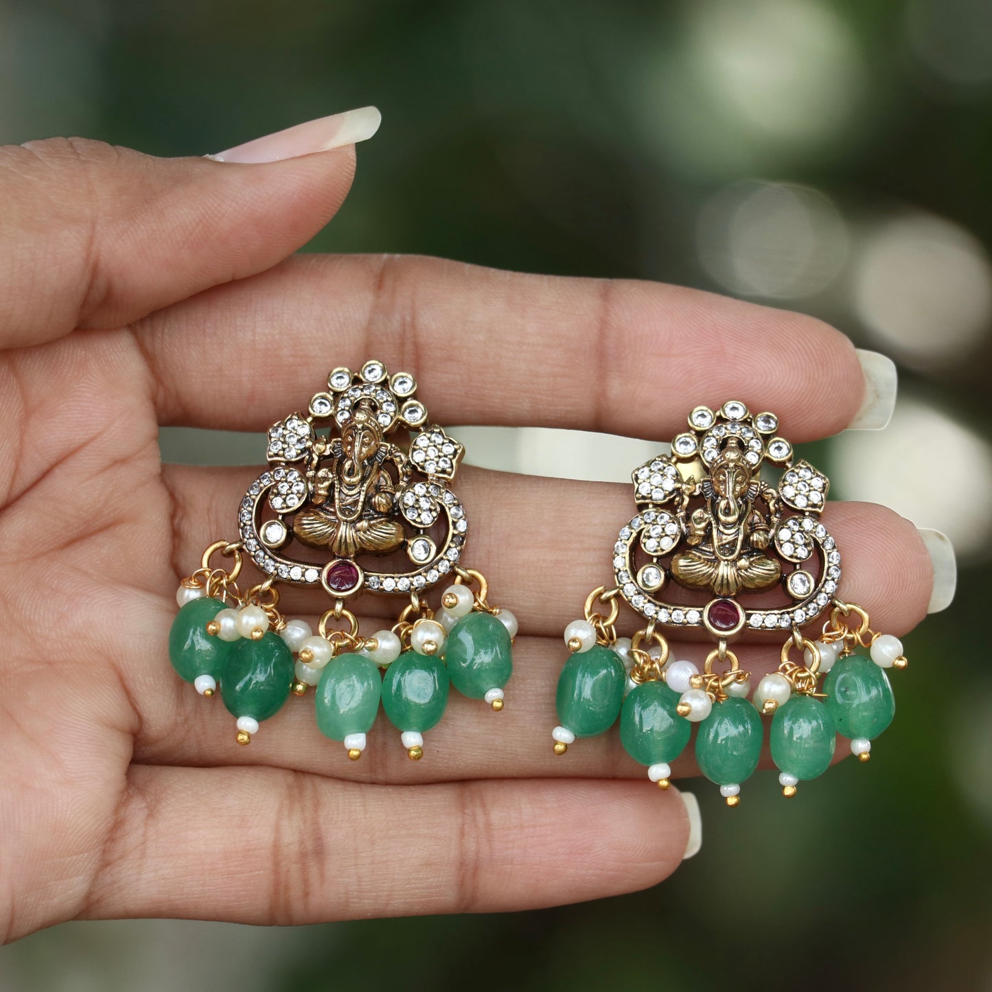 Ganesh ji Emeral Drop Stud Earrings