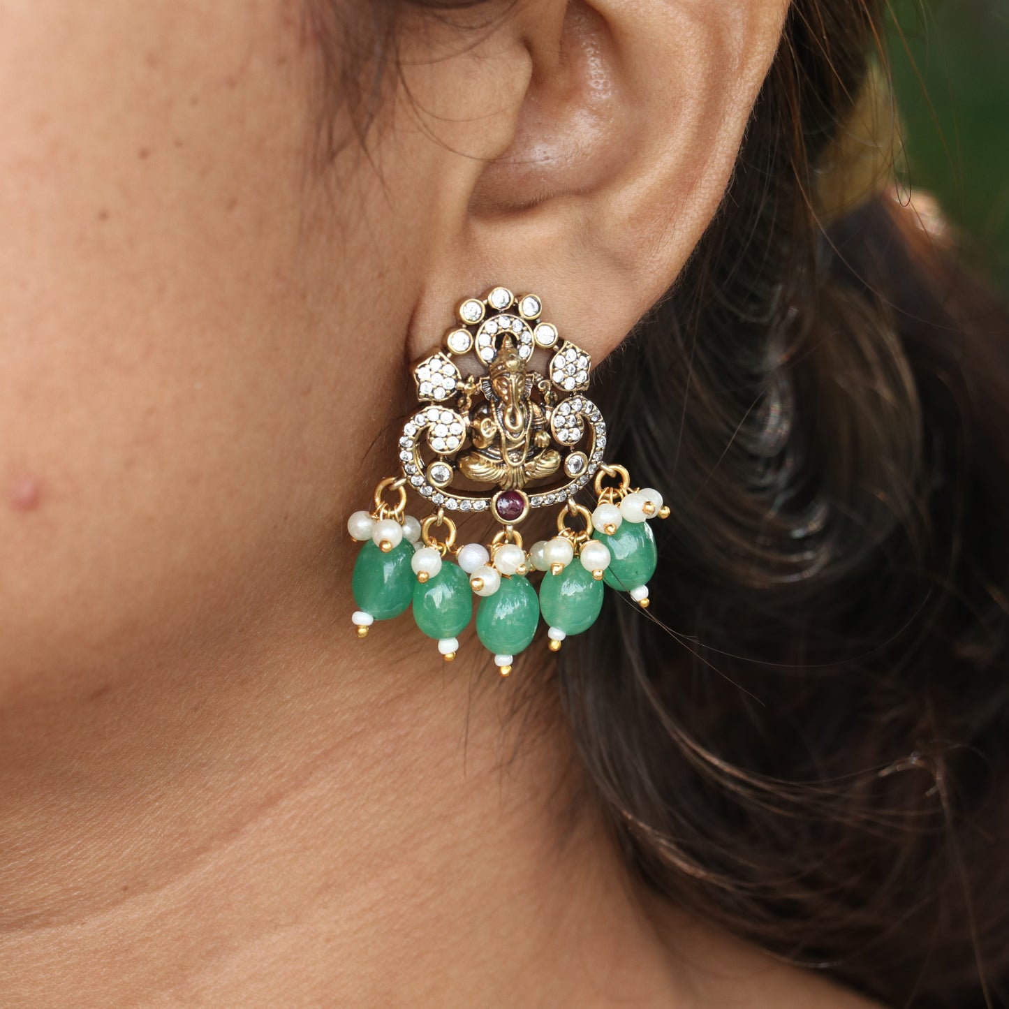 Ganesh ji Emeral Drop Stud Earrings