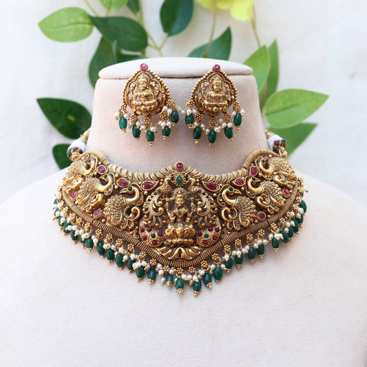 Bridal Lakshmi Emerald Beads Choker Set