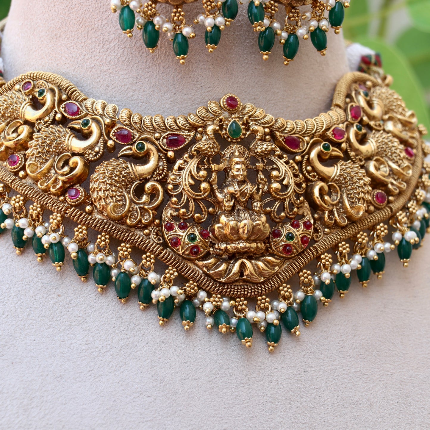 Bridal Lakshmi Emerald Beads Choker Set