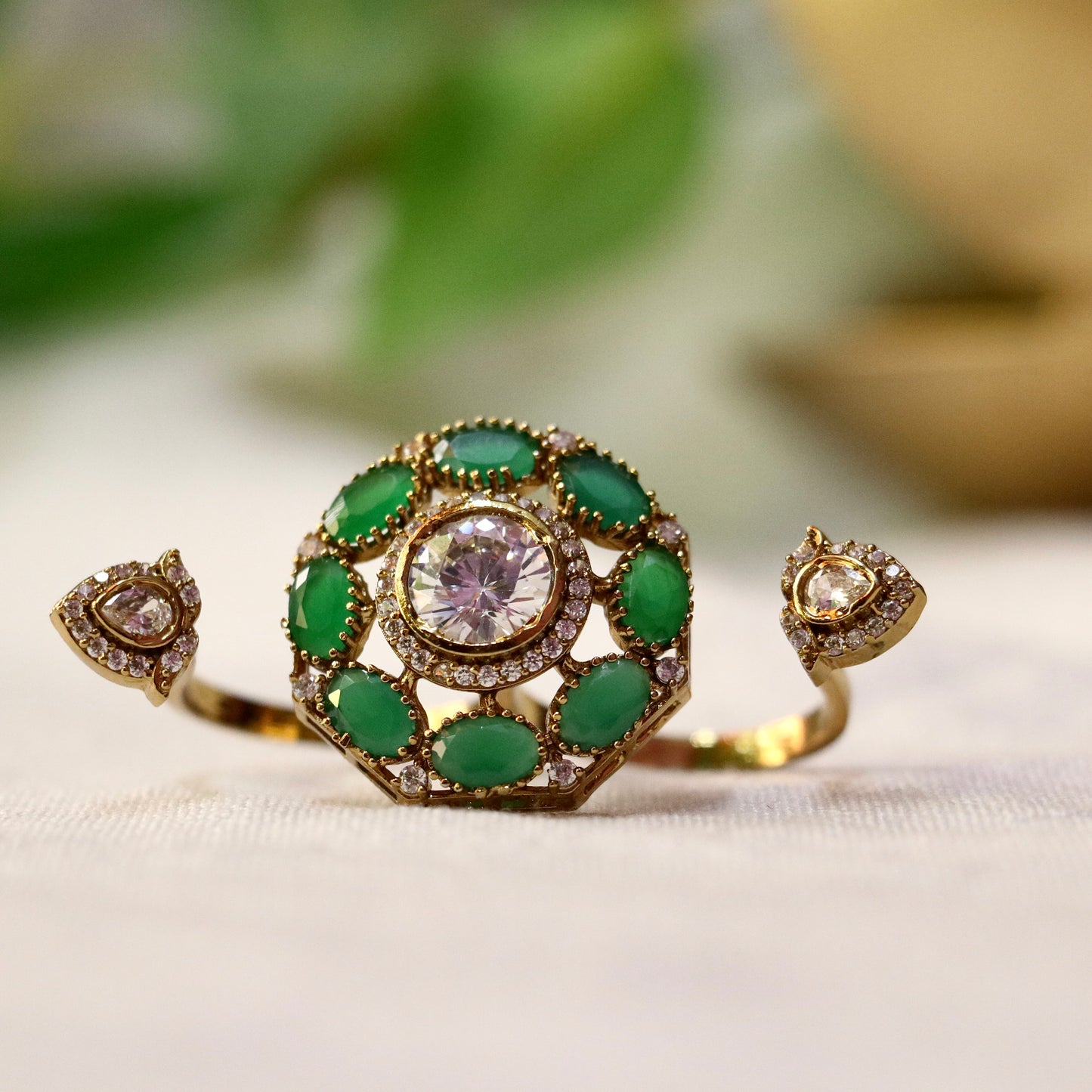 Emerald 3 Finger Polki Gold Statement Ring