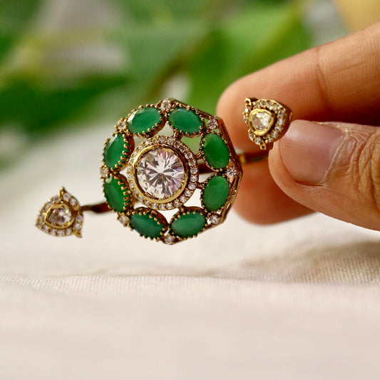 Emerald 3 Finger Polki Gold Statement Ring