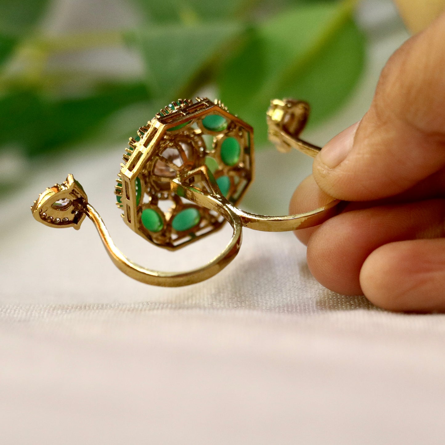 Emerald 3 Finger Polki Gold Statement Ring