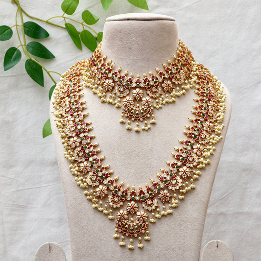 Ad Stone Bridal Guttapusallu Necklace Combo Set / Short / Long Set