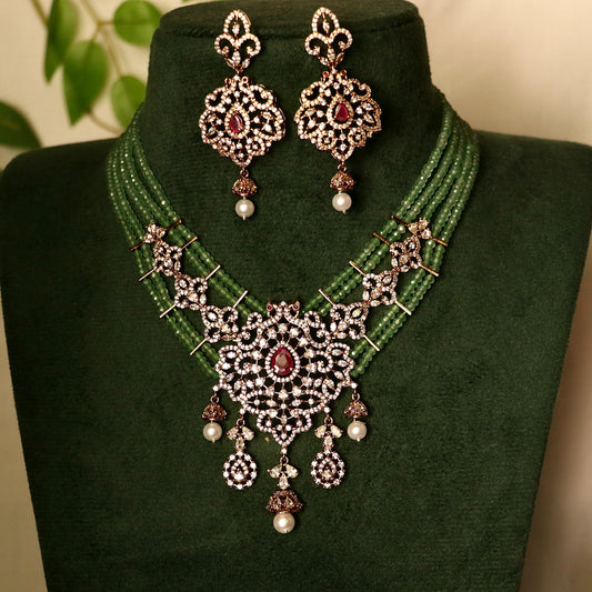 Bridal Green Beads Mala Necklace Set