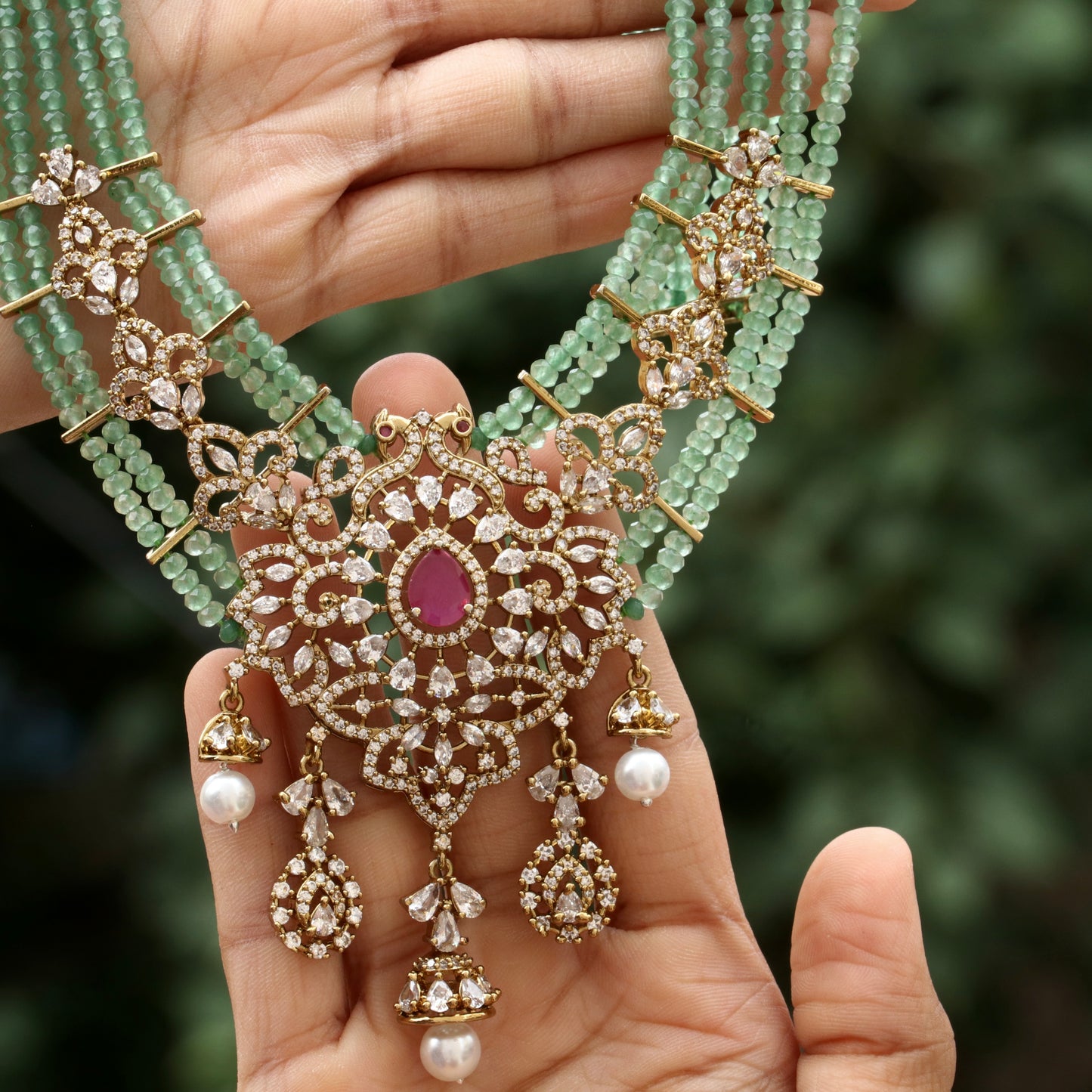Bridal Green Beads Mala Necklace Set