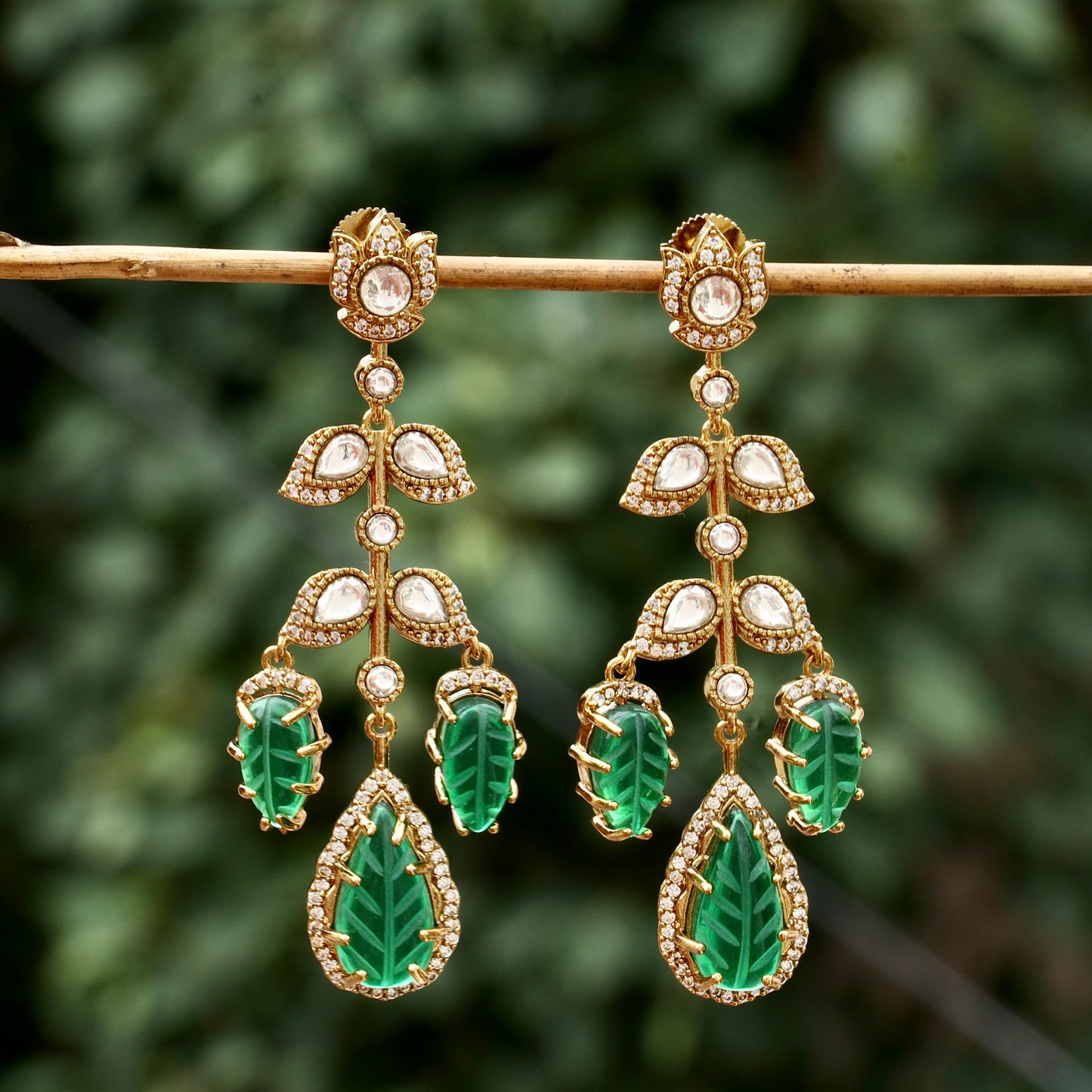 Green Stone Leaf Hanging Earrings