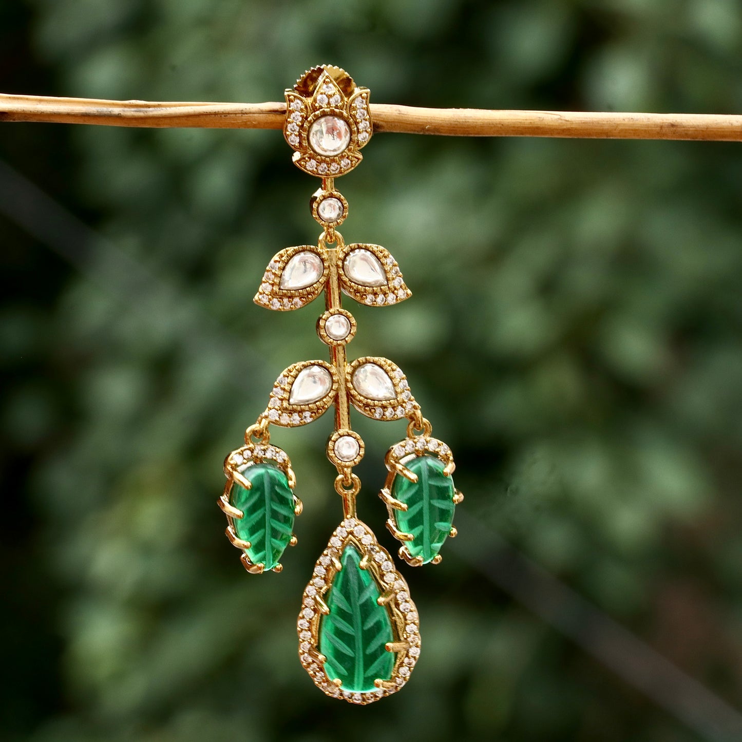 Green Stone Leaf Hanging Earrings