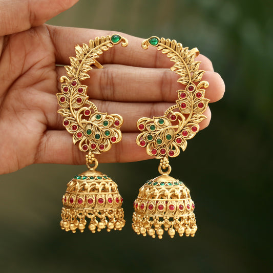 Antique Gold Finish Ear-Cuff Jhumkas