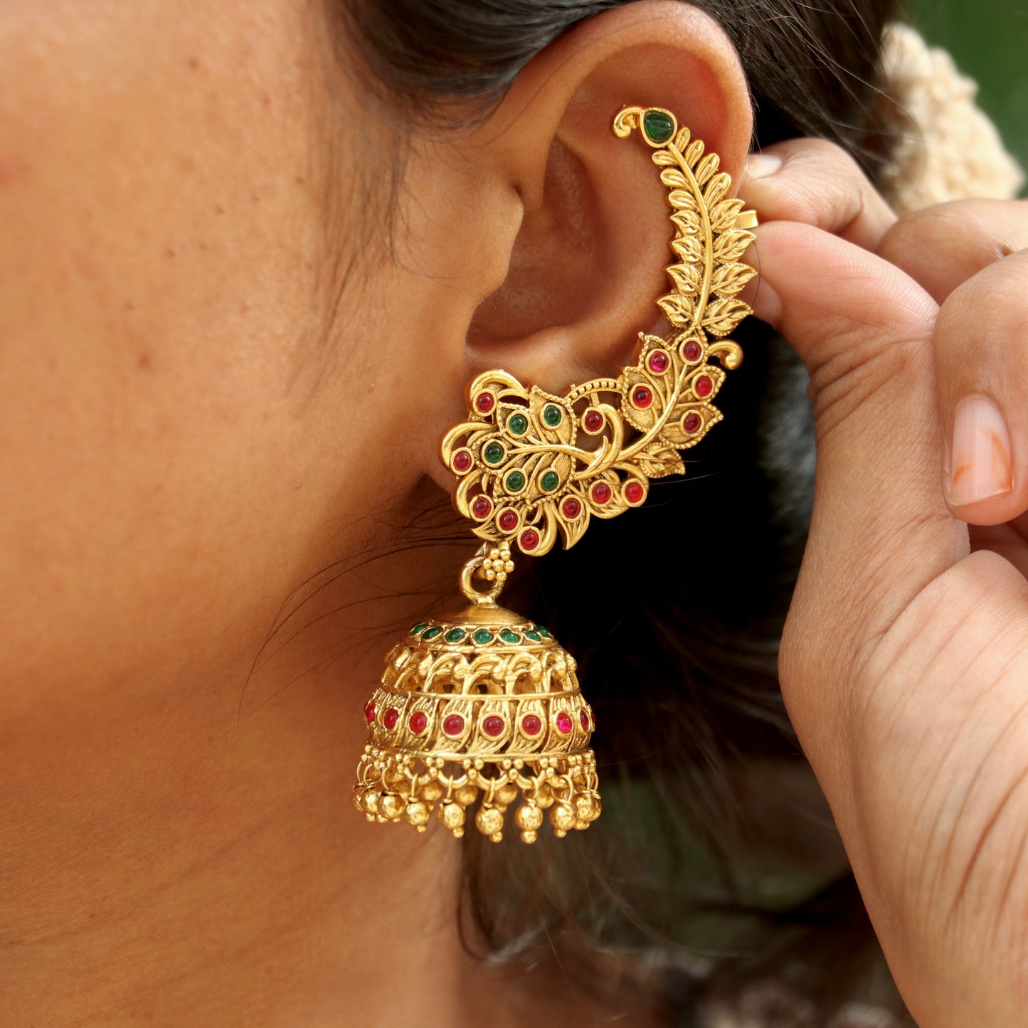 Antique Gold Finish Ear-Cuff Jhumkas