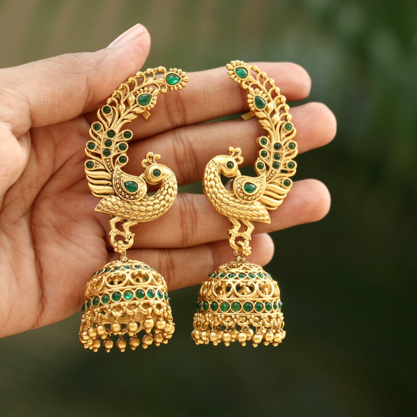 Mayuri Green Stone Gold Finish Ear-Cuff Jhumkas