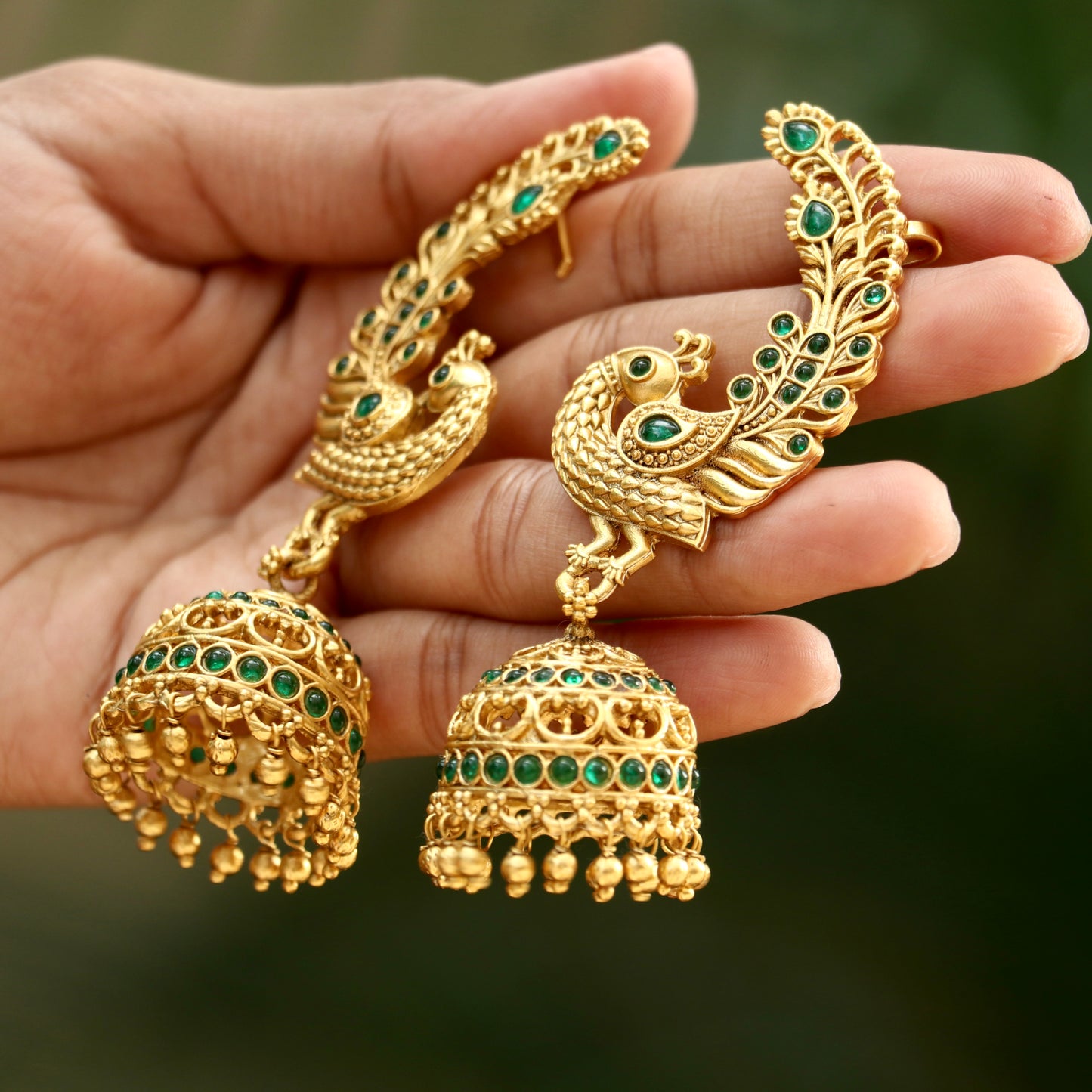 Mayuri Green Stone Gold Finish Ear-Cuff Jhumkas