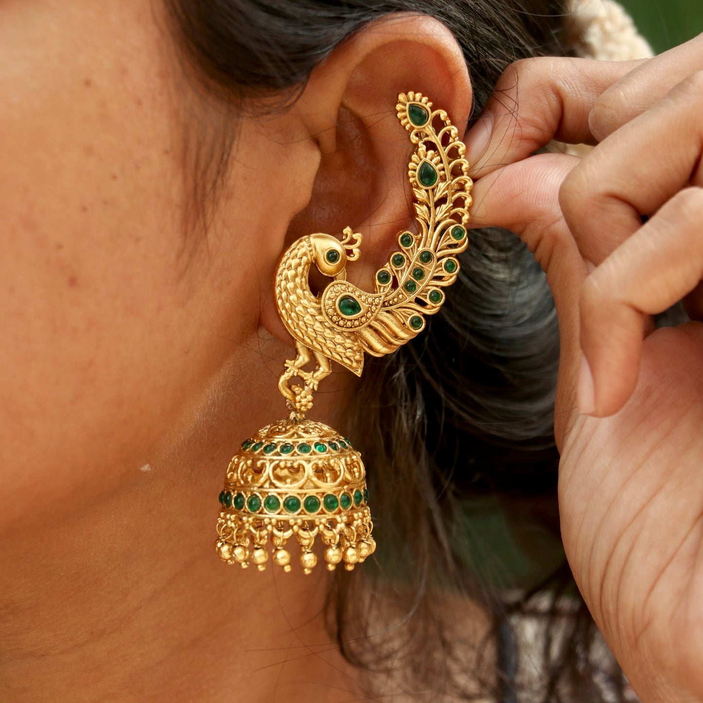 Mayuri Green Stone Gold Finish Ear-Cuff Jhumkas