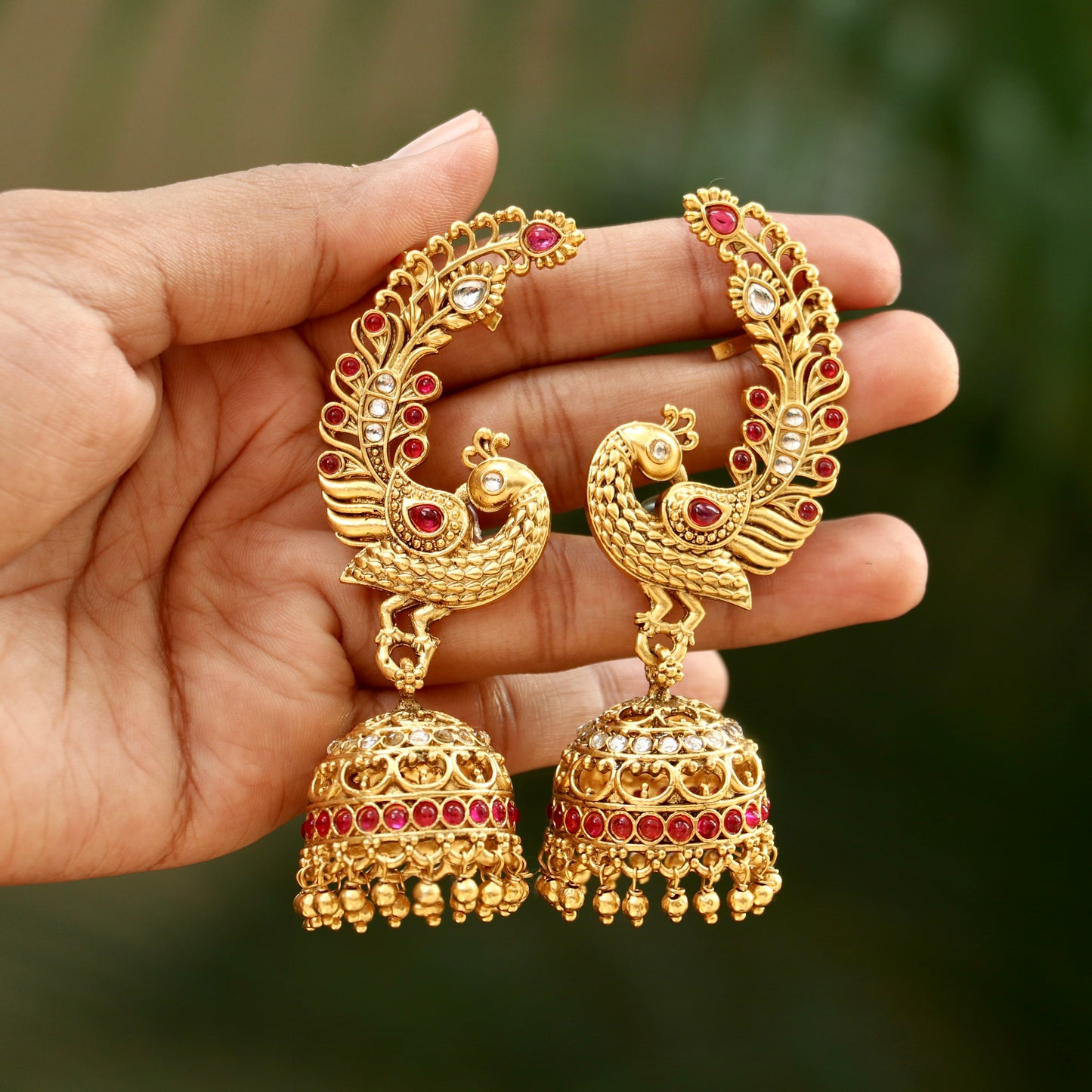 Mayuri Ruby-White Stone Gold Finish Ear-Cuff Jhumkas