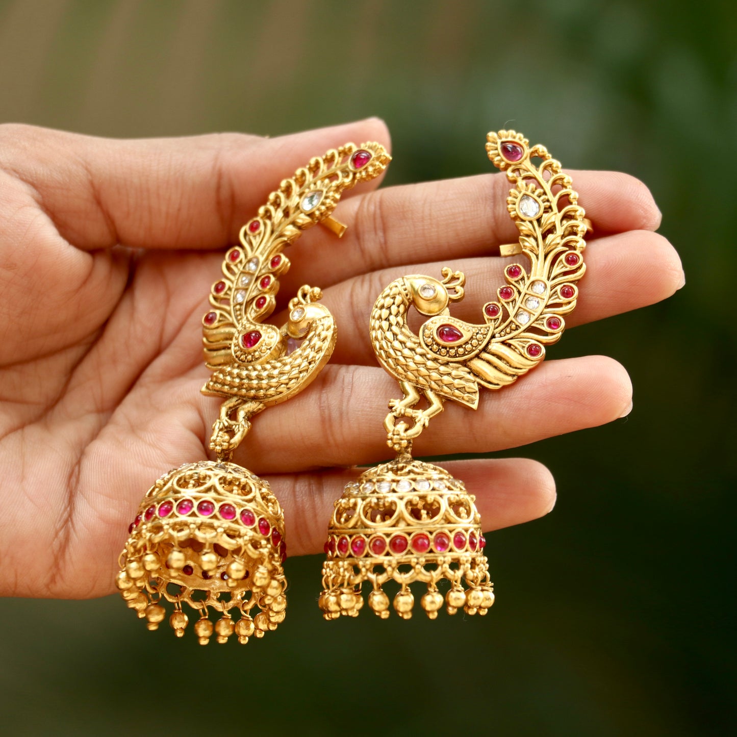 Mayuri Ruby-White Stone Gold Finish Ear-Cuff Jhumkas