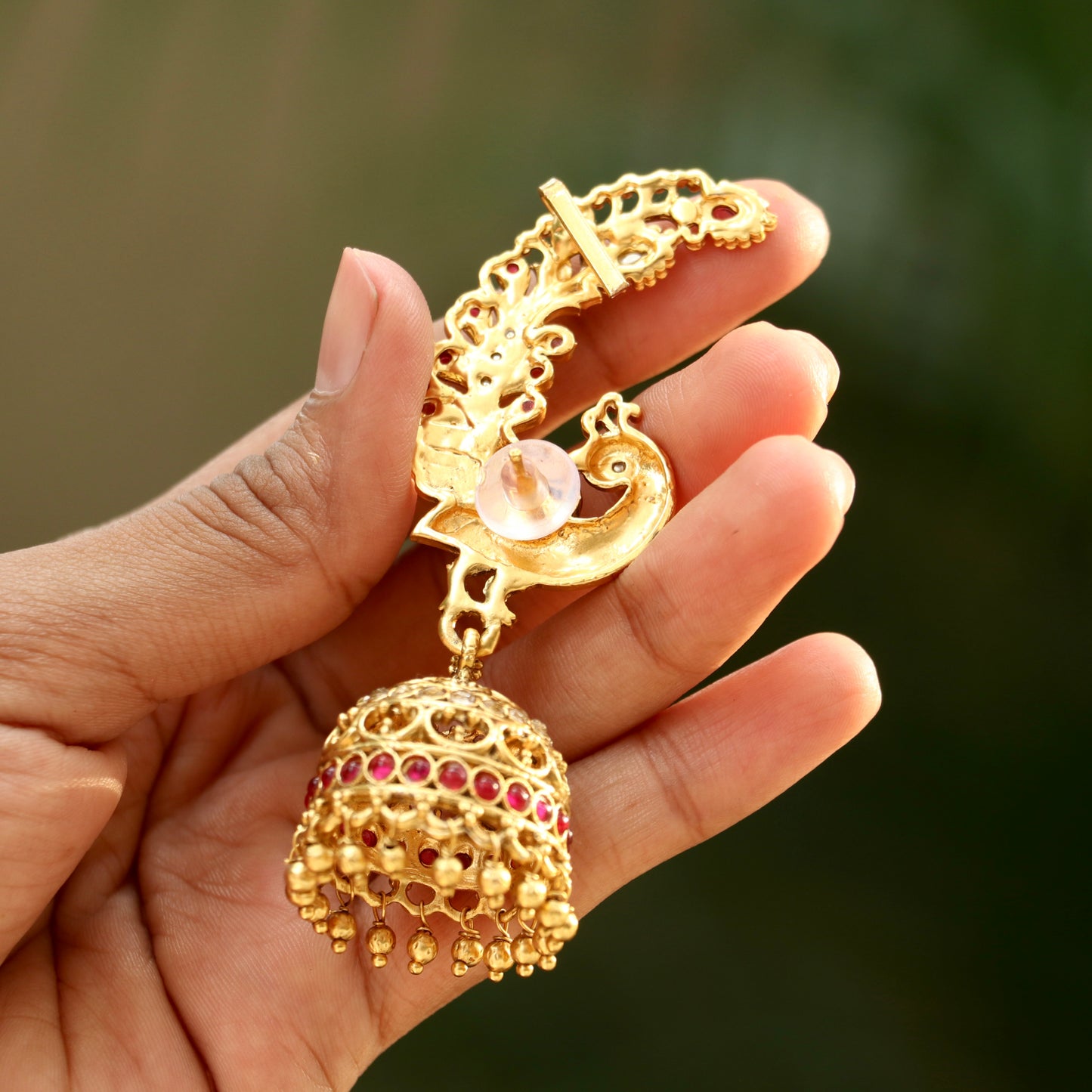 Mayuri Ruby-White Stone Gold Finish Ear-Cuff Jhumkas