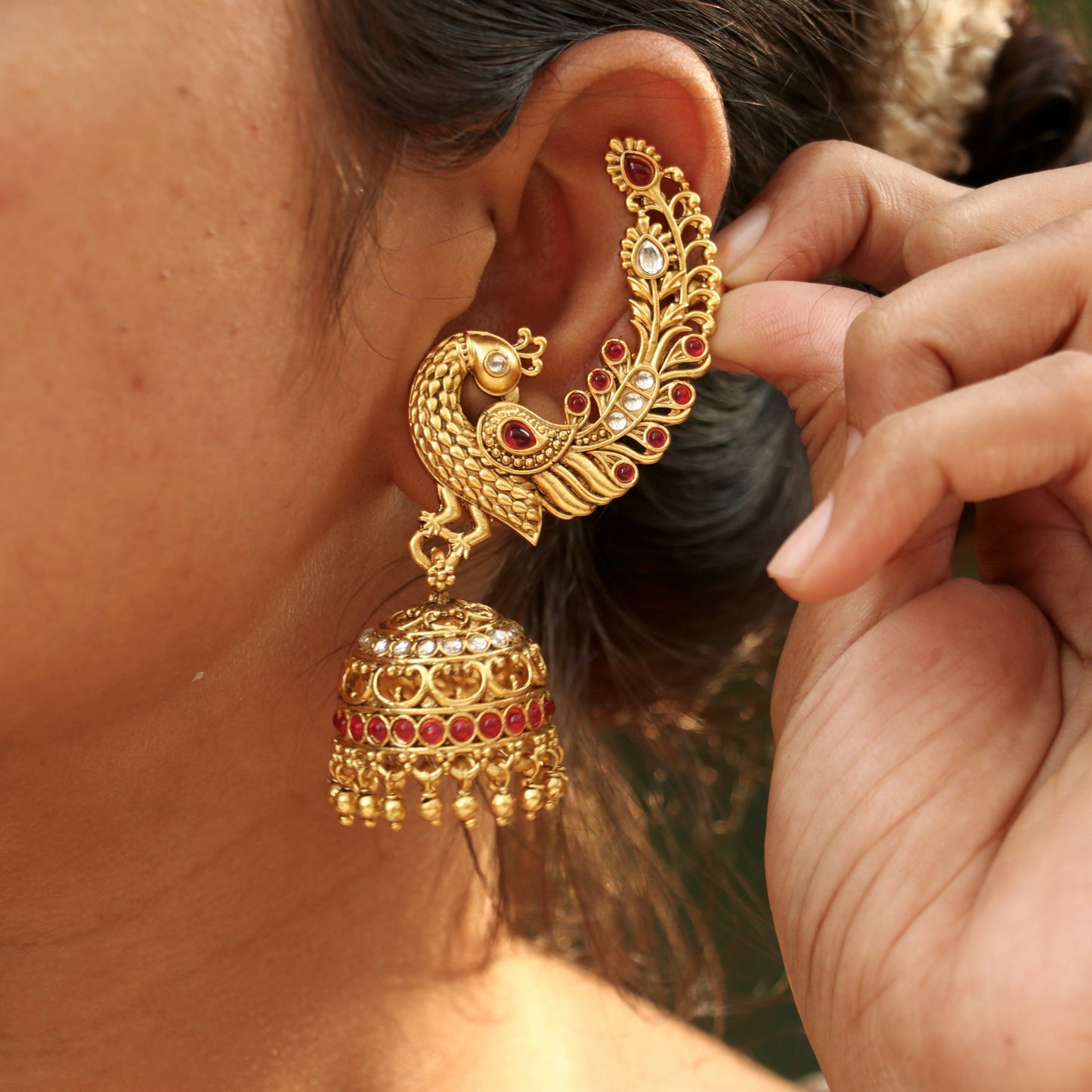 Mayuri Ruby-White Stone Gold Finish Ear-Cuff Jhumkas