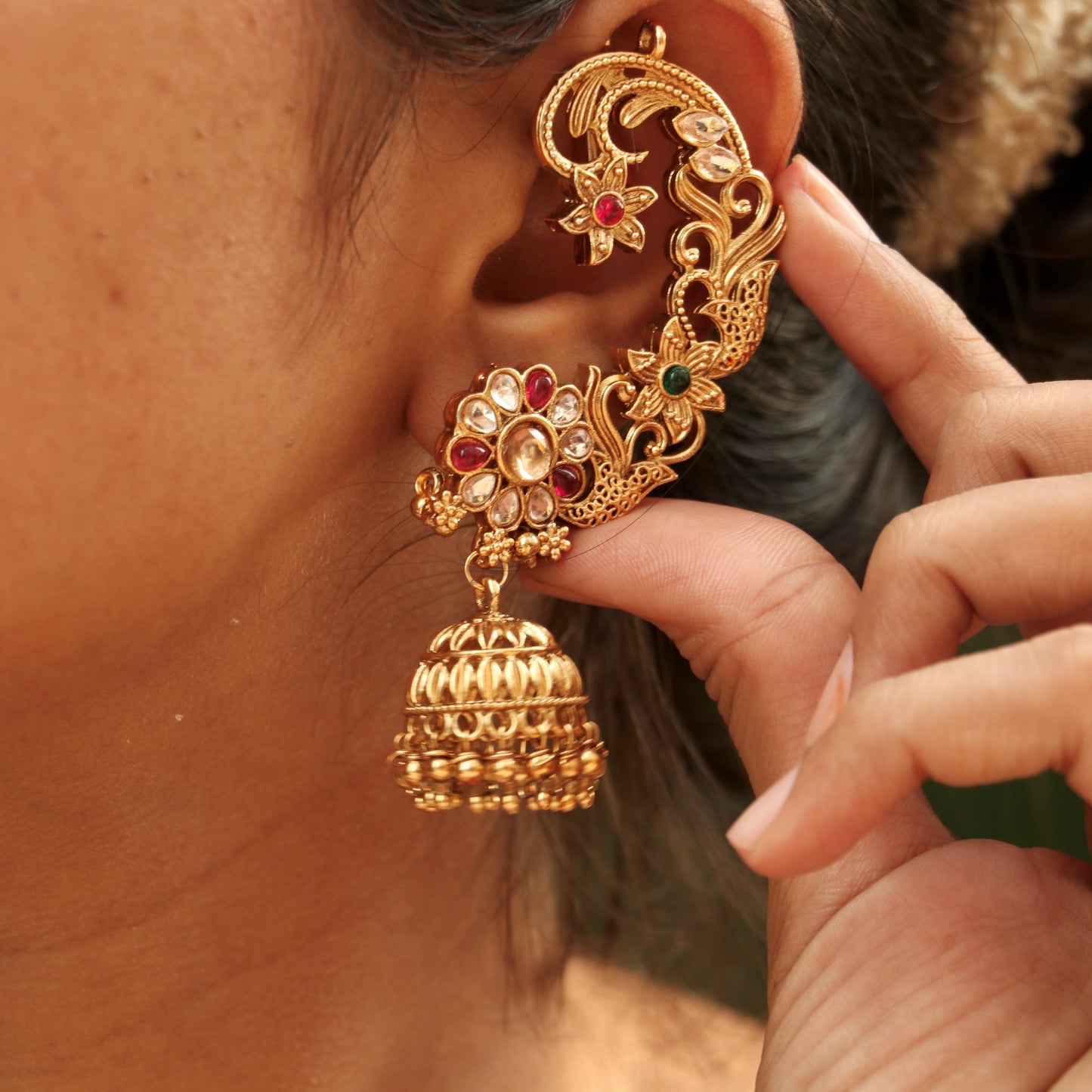 Kundan Gold Finish Ear-Cuff Jhumkas
