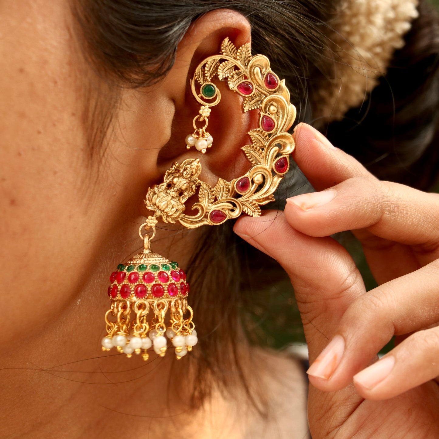 Lakshmi Gold Finish Ear-Cuff Jhumkas