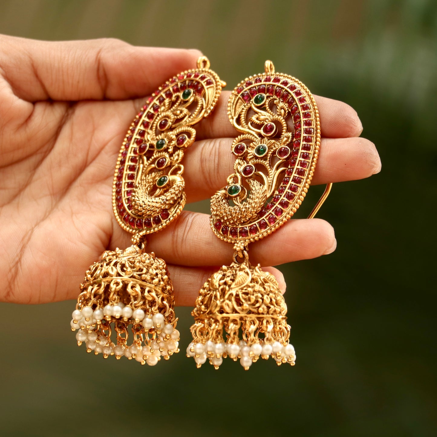 Beautiful Mayur Gold Finish Ear-Cuff Jhumkas