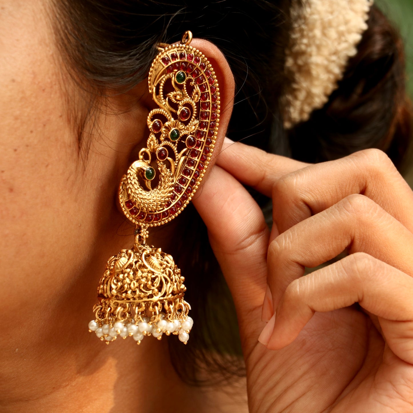 Beautiful Mayur Gold Finish Ear-Cuff Jhumkas