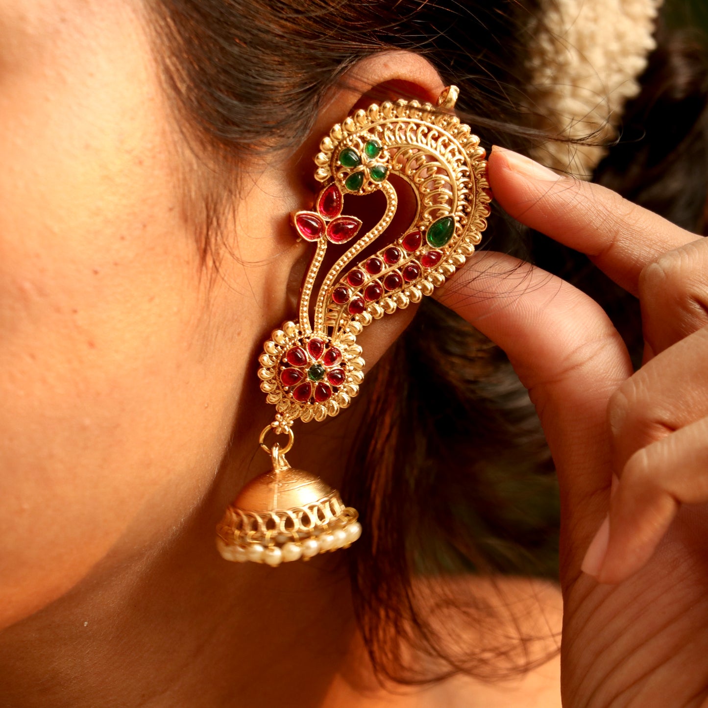 Elegant Gold Finish Ear-Cuff Jhumkas
