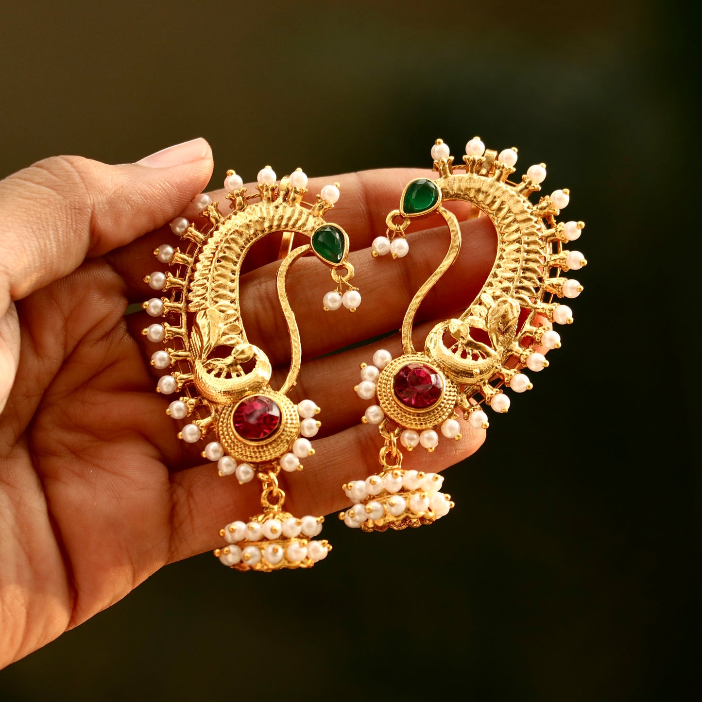 Antique Gold Finish Ear-Cuff Jhumkas