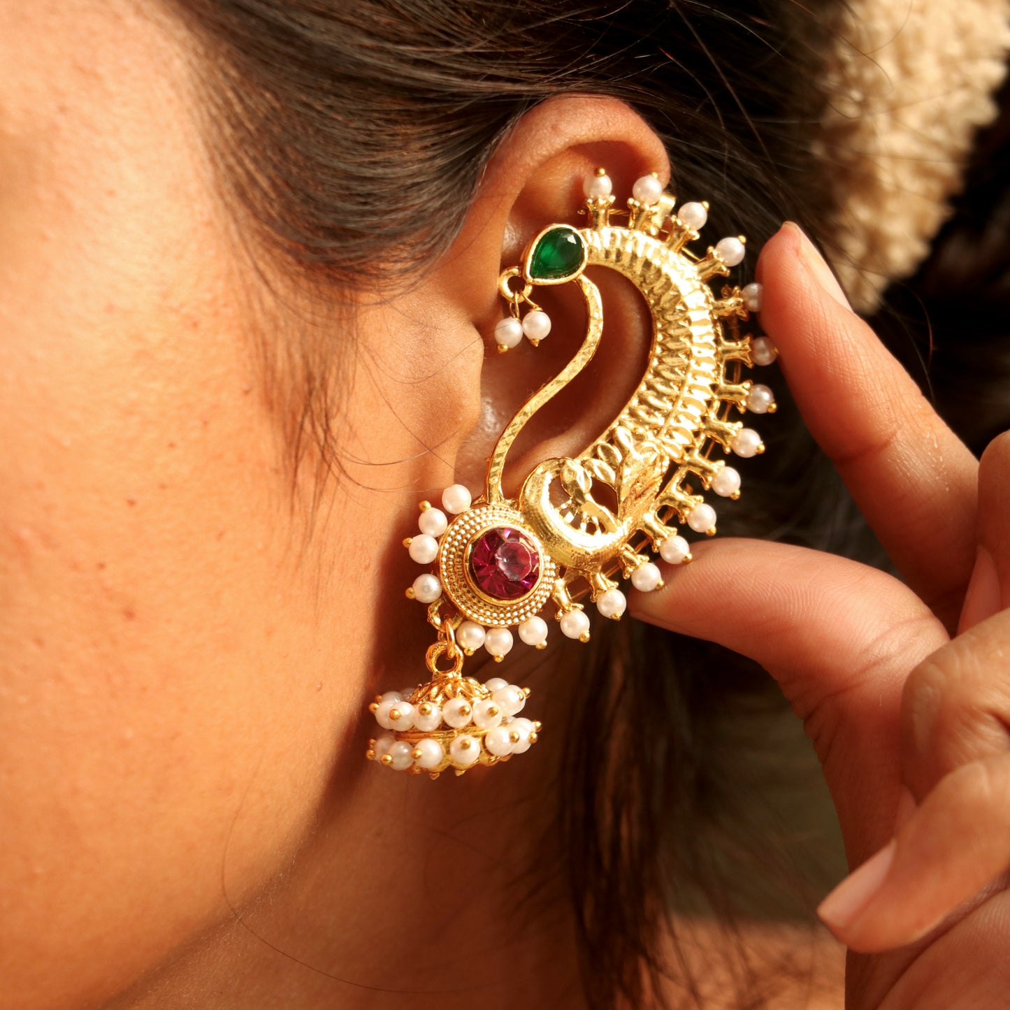 Antique Gold Finish Ear-Cuff Jhumkas