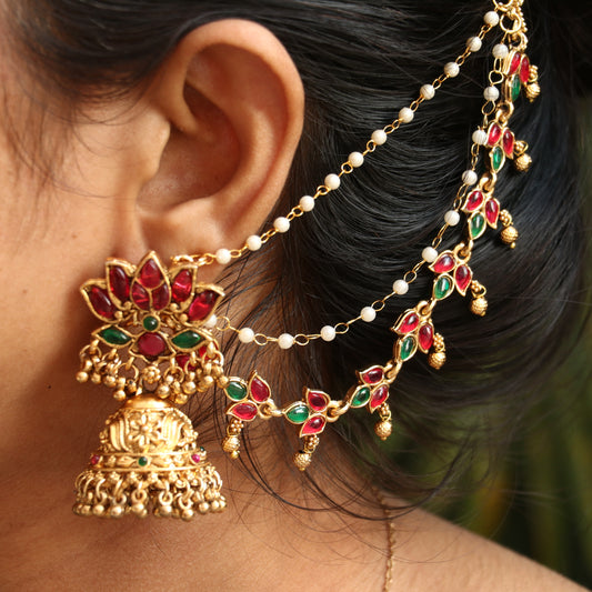 Antique Lotus Jhumkas with Ear Chain