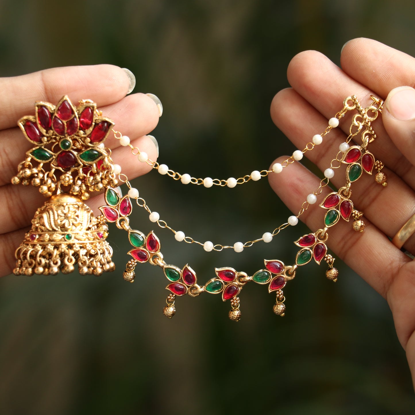 Antique Lotus Jhumkas with Ear Chain