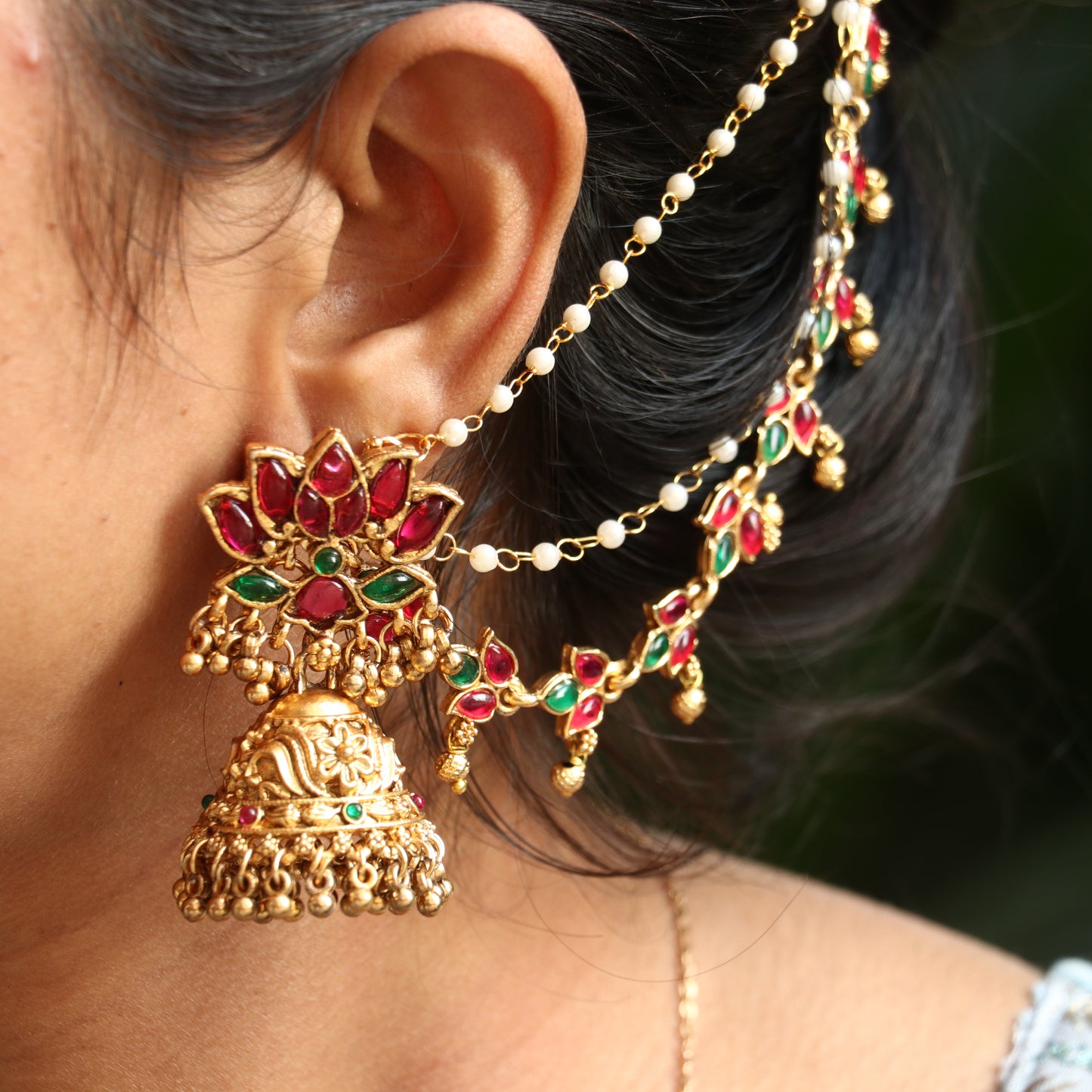 Antique Lotus Jhumkas with Ear Chain