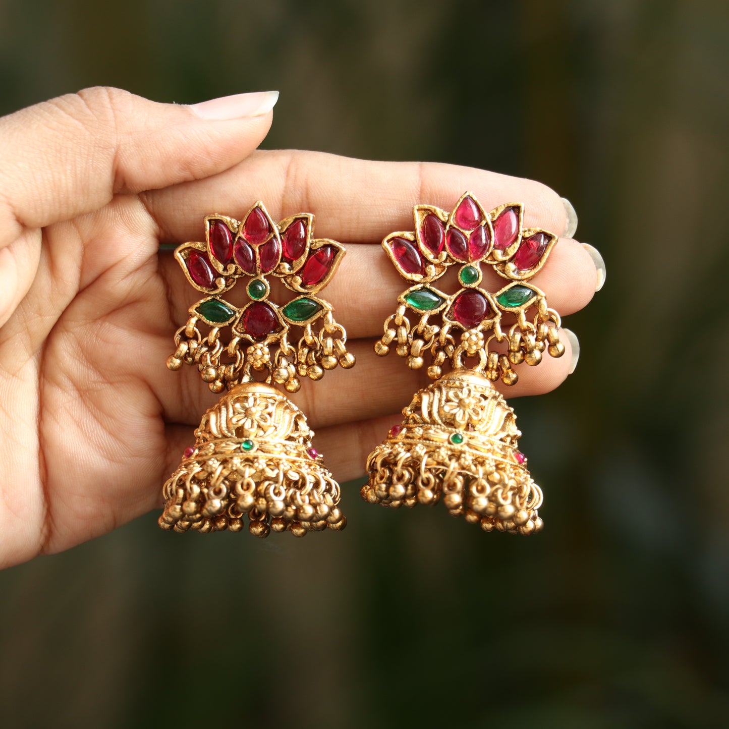 Antique Lotus Jhumkas with Ear Chain