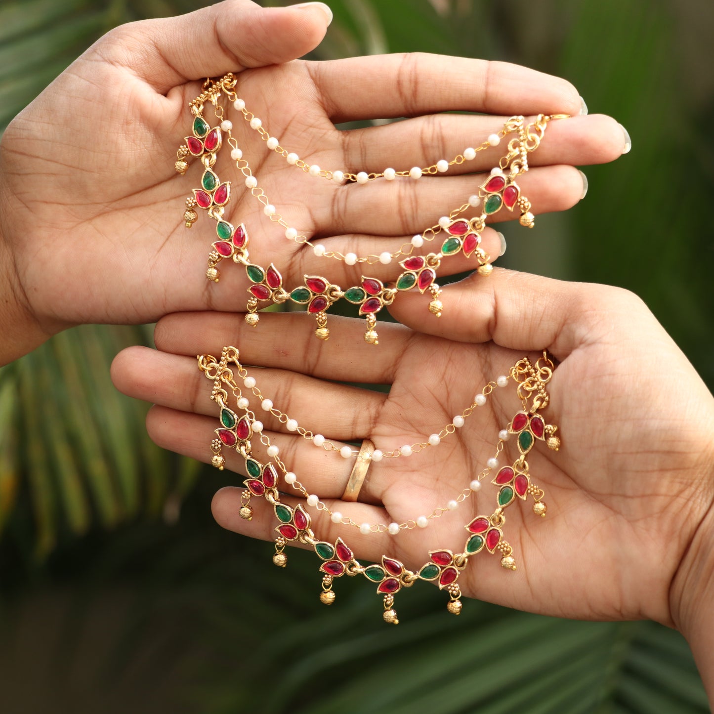 Antique Lotus Jhumkas with Ear Chain