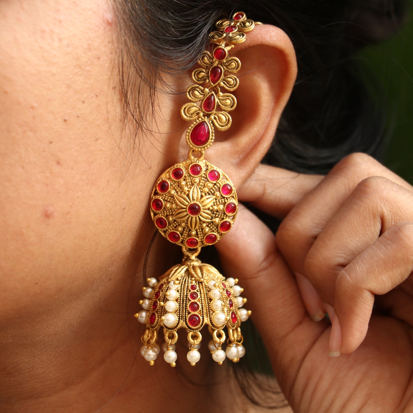 Antique Chakra Jhumkas with Ear Chain