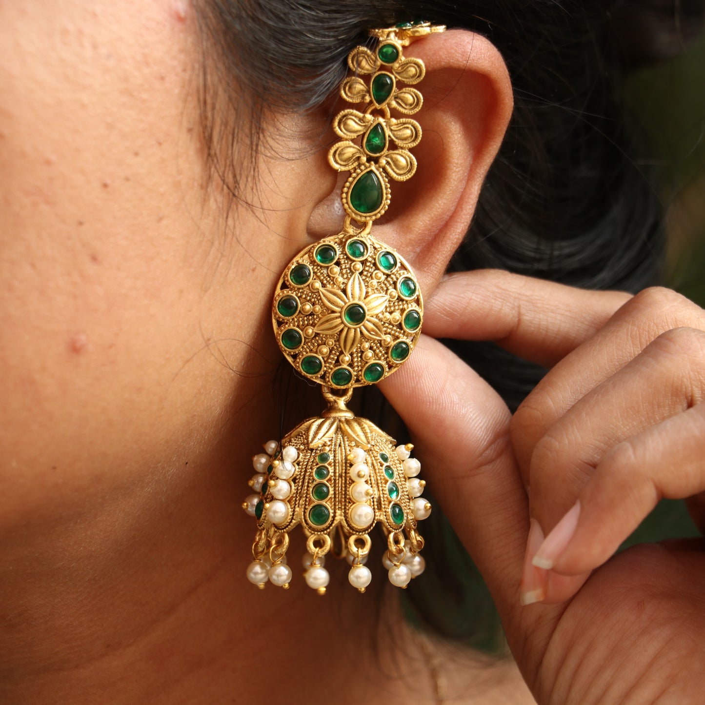 Antique Chakra Jhumkas with Ear Chain