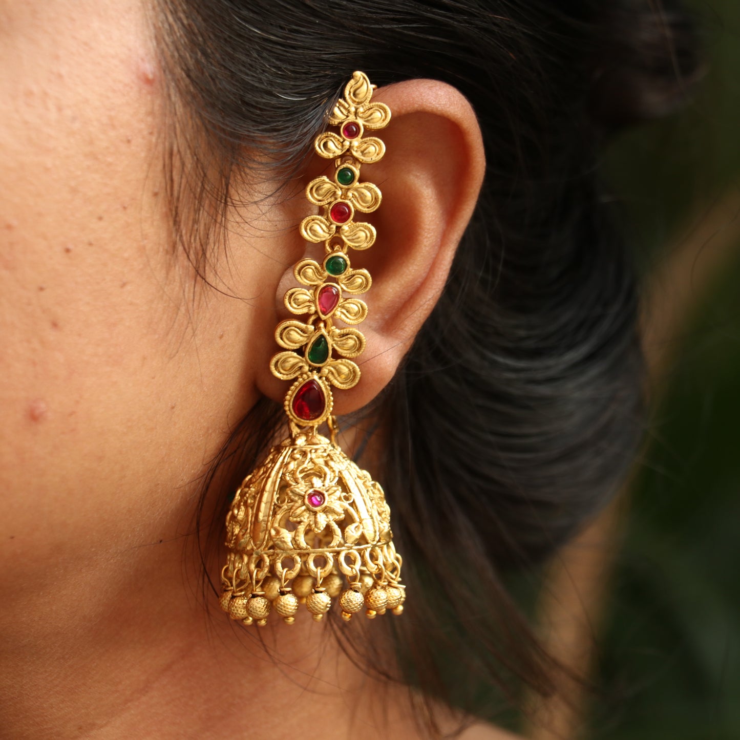 Antique Floral Jhumkas with Ear Chain