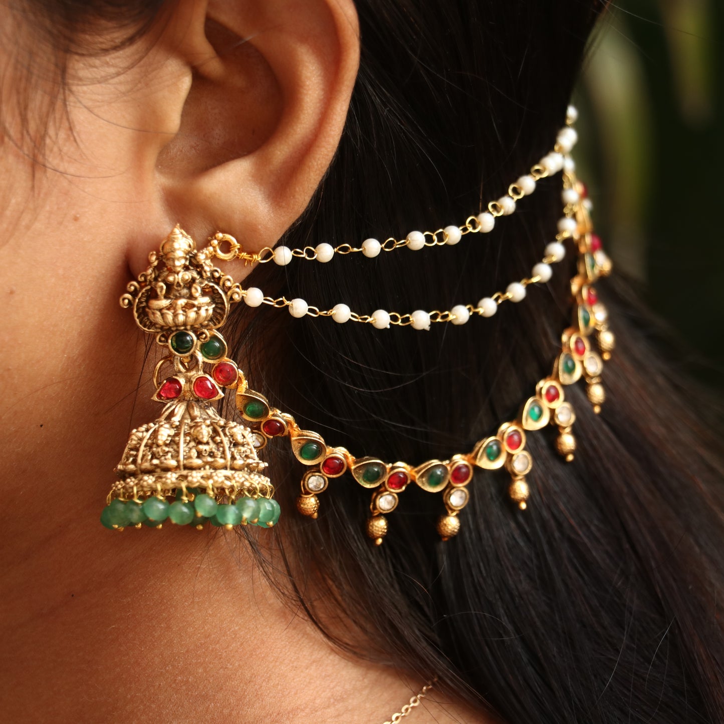 Antique Lakshmi Jhumkas with Ear Chain