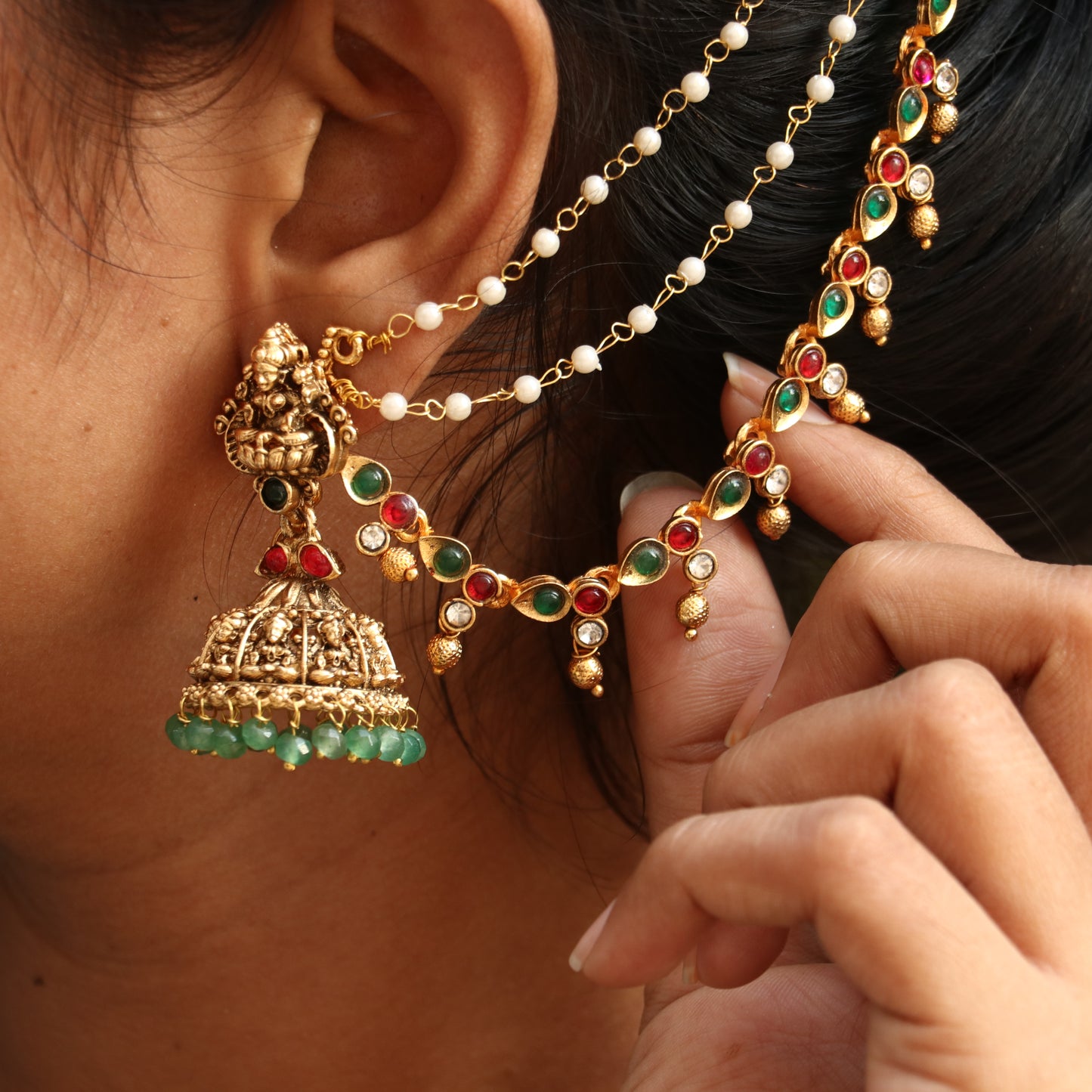 Antique Lakshmi Jhumkas with Ear Chain