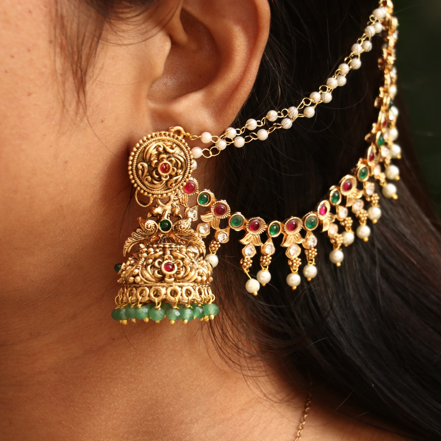 Antique Peacock Jhumkas with Ear Chain