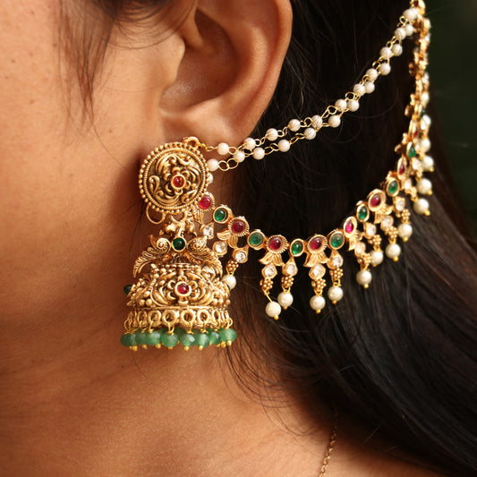 Antique Peacock Jhumkas with Ear Chain