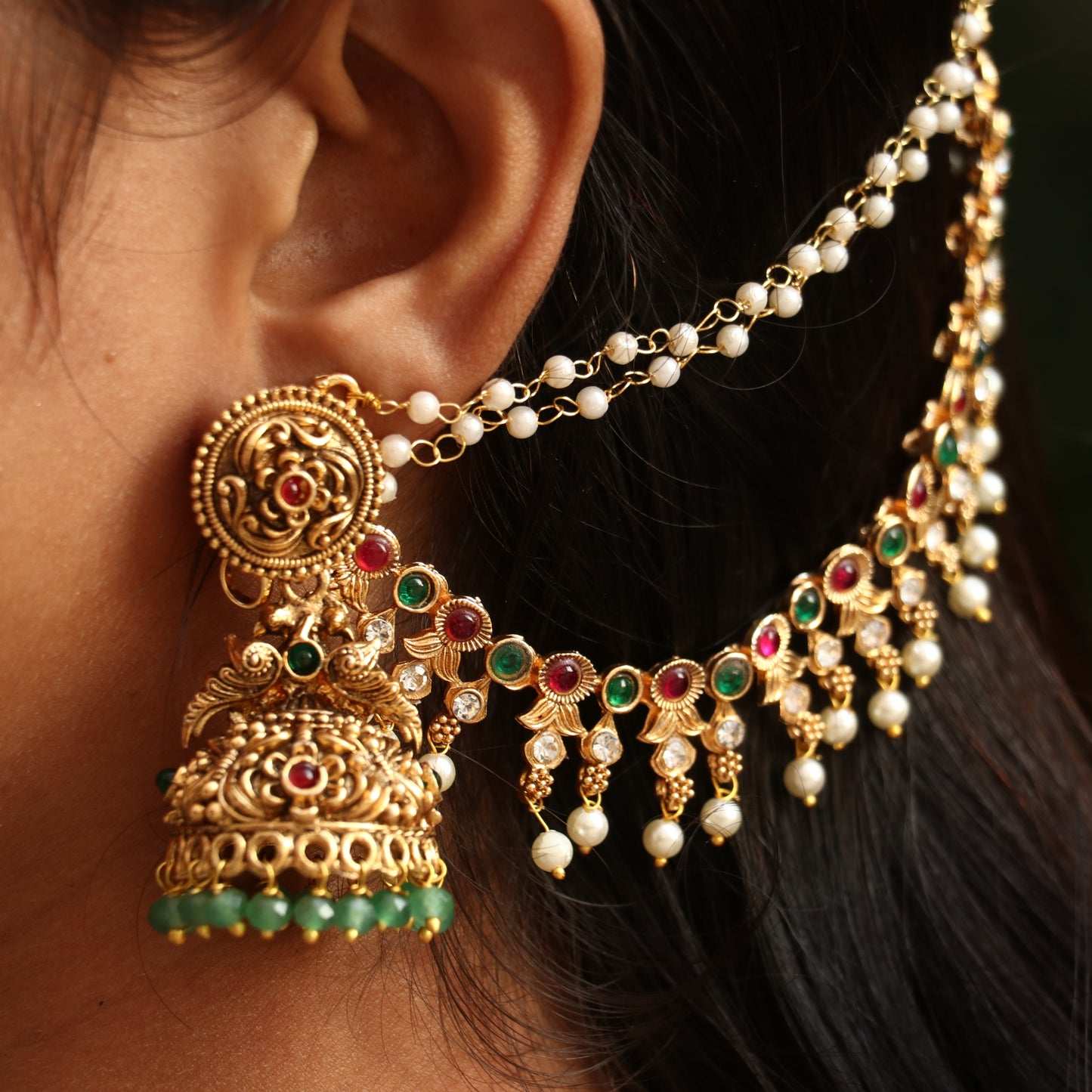 Antique Peacock Jhumkas with Ear Chain